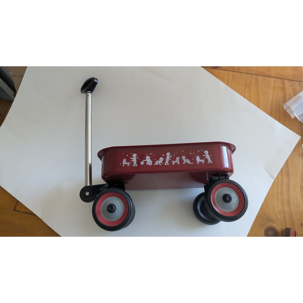 Miniature Red Metal Toy Wagon Kids Playing Graphic Silver Handle 12.5 Inch